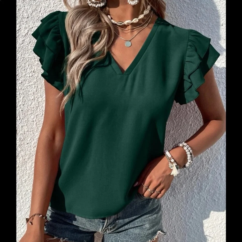 Elegant Classy Red Tiered Ruffle Butterfly Sleeve Top Blouse - Picture 8 of 11